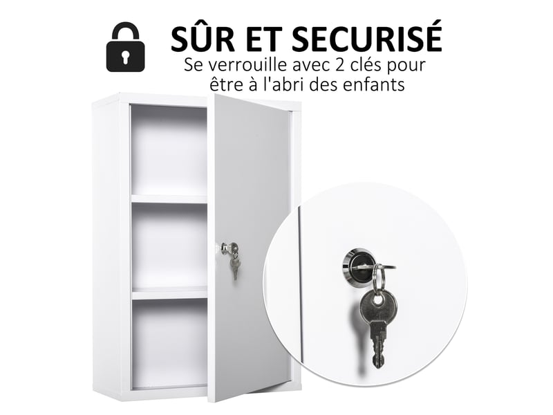  Armoire à pharmacie 2 étagères 3 niveaux verrouillable dim. 40l x 18l x 60h cm blanc 2 clés métal  - Conforama A