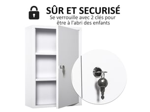 Armoire à pharmacie 2 étagères 3 niveaux verrouillable dim. 40l x 18l x 60h cm blanc 2 clés métal