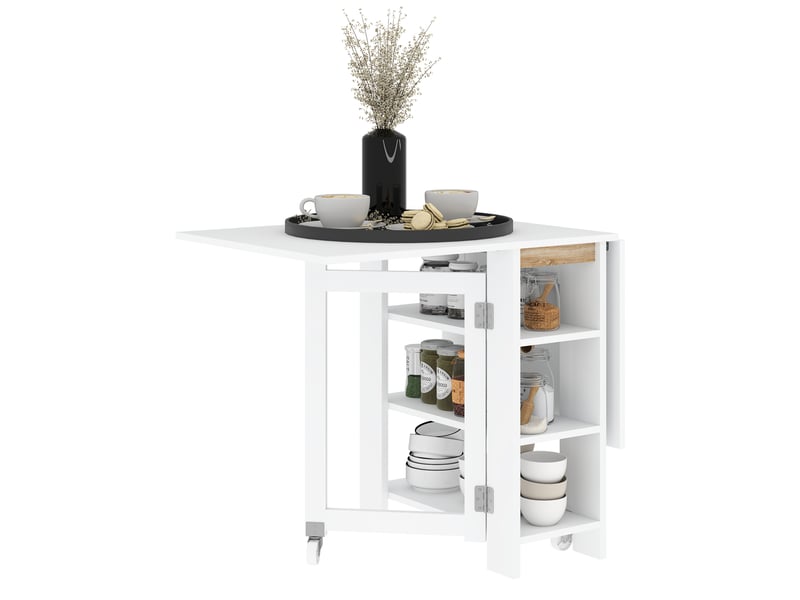  Table de cuisine pliante à abattants, 2 roulettes et étagères, style moderne, 120 x 60 x 75 cm, blanche  - Conforama A
