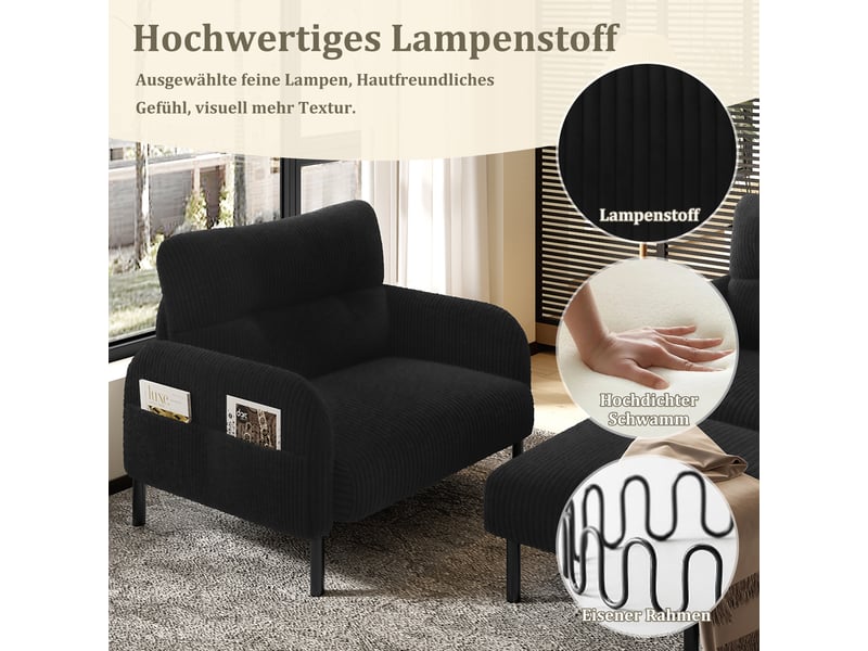  Canapé 2 places noir en velours côtelé avec fauteuil et pouf, pochette latérale intégrée pour salon  - Conforama D