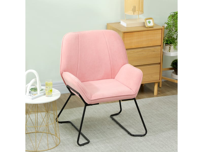  Fauteuil de salon avec large assise rembourrée en velours, pieds en métal, rose  - Conforama D