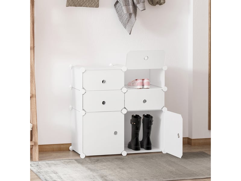  Meuble à chaussures, étagère avec boîtes de rangement, armoire, plastique, acier, blanc, 75 x 37 x 73 cm  - Conforama C