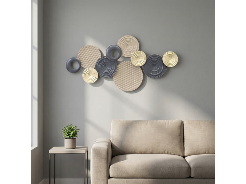  Décoration murale en métal, sculpture murale en métal, design unique à plusieurs disques, kaki et noir, 100 x 50 cm  - Conforama D