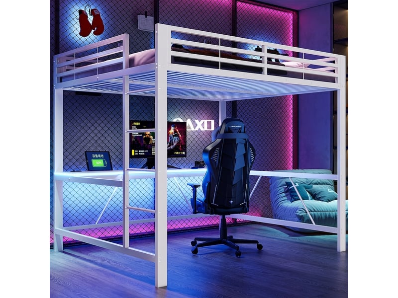  Lit mezzanine gamer 160x200 avec bureau intégré, led et port usb, blanc  - Conforama B