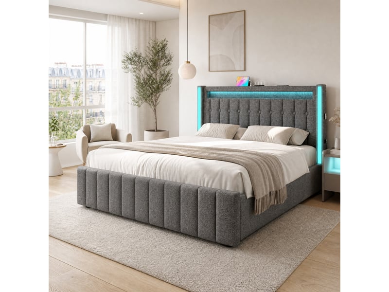  Lit double 160x200 avec 4 tiroirs, led et charge usbtype-c gris cravdom  - Conforama C