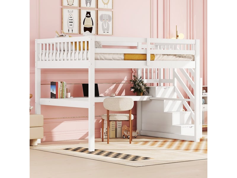  Lit mezzanine enfant 140x200 cm blanc – bureau intégré et tiroirs de rangement sous le lit  - Conforama D