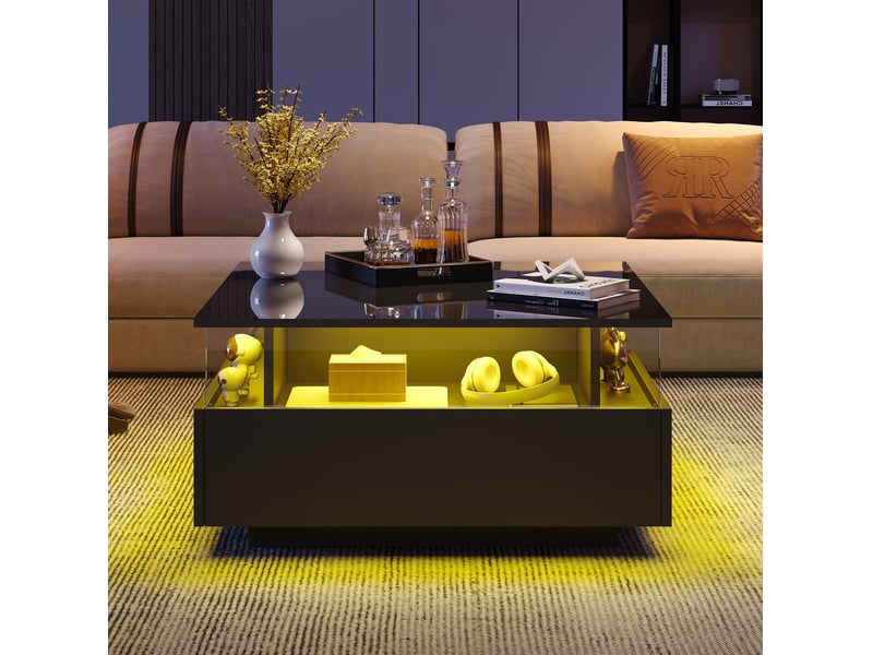  Table basse moderne 70x70x41 cm led 2 tiroirs panneau de particules noir  - Conforama C