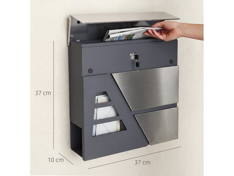  Boîte aux lettres murale 37 x 10 x 37 cm gris foncé en métal, porte-journaux et serrure avec 2 clés  - Conforama C