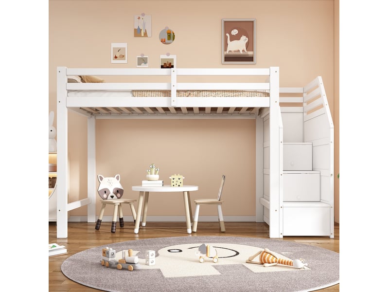 Lit mezzanine enfant 90x200 cm blanc avec escalier de rangement et sommier - Conforama E