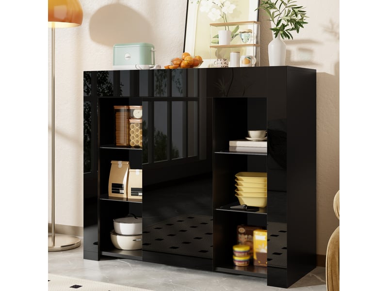 Buffet 95x35x83 cm, armoire de rangement, étagères en verre, aggloméré noir, meuble salon et cuisine, moderne, design - Conforama E