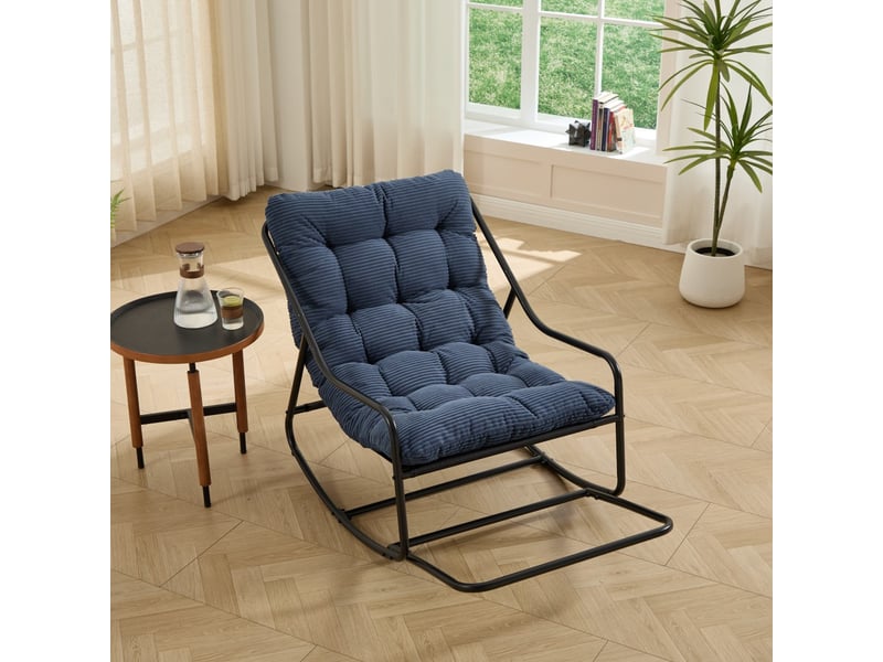  Fauteuil à bascule extérieur - 75x116x82cm - rocking chair de jardin avec coussin épais et moelleux - bleu marine et noir  - Conforama C