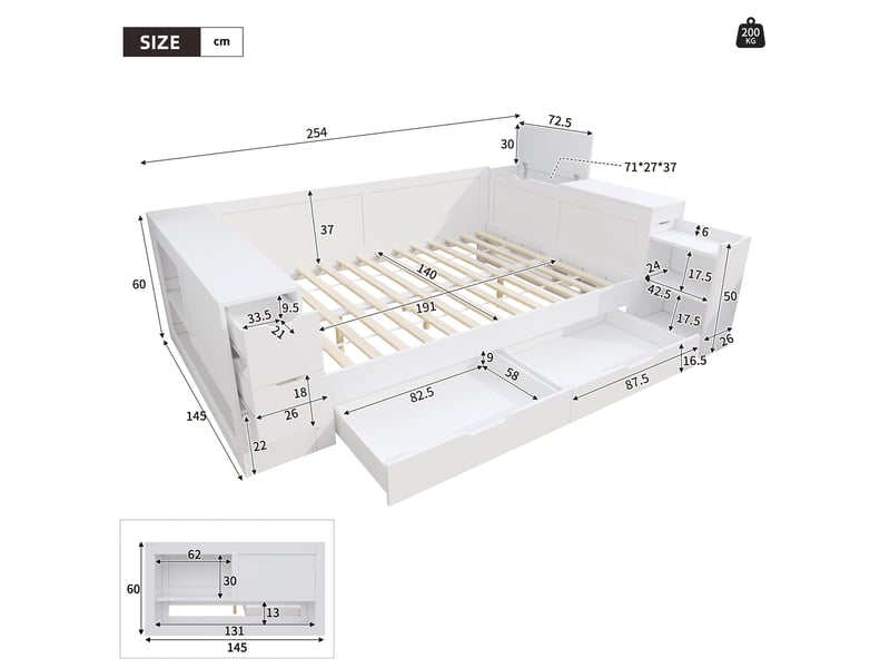  Lit coffre enfant 140x190 cm avec tiroir et rangements latéraux, mdf blanc  - Conforama E