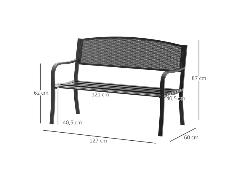  Banc de jardin, banc de parc, 2 places, acier, noir, l 127 x p 60 x h 87 cm  - Conforama E