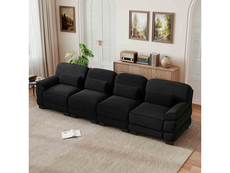 Canapé modulable 4 places 336x88,5x94 cm, tissu velours côtelé, assise profonde, coussins lombaires, canapé droit avec structure renforcée - noir - Conforama B