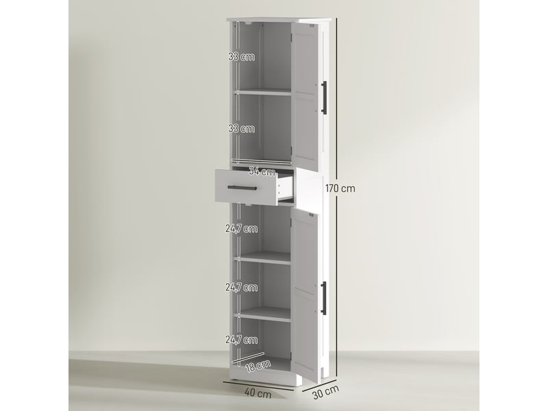  Meuble de salle de bain haut et étroit, style rustique, 40 x 30 x 170 cm, blanc, avec 2 portes, 1 tiroir et 2 étagères réglables  - Conforama E