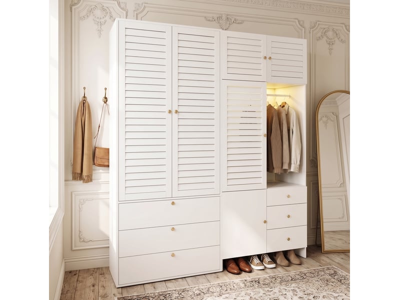  Armoire 180x50x200 cm avec panier à linge et led, panneau de particules blanc pour chambre et dressing pour chambre  - Conforama D