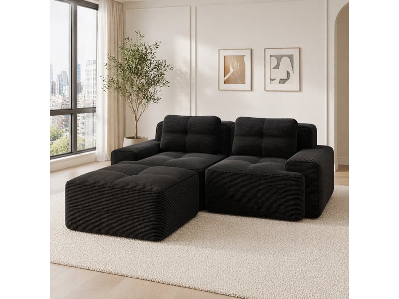  Canapé d'angle modulable ulevr 2 places convertible en velours côtelé noir, 204 x 177 x 69 cm  - Conforama B