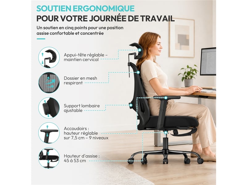  Chaise de bureau ergonomique en maille respirante avec appui-tête, repose-pieds et charge 150 kg 616441 Black - Conforama R