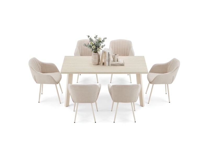  Ensemble table et 6 chaises - table rectangulaire 160x80 cm monobloc en travertin et pieds métal, 6 chaises en tissu beige et pieds en métal blanc  - Conforama A