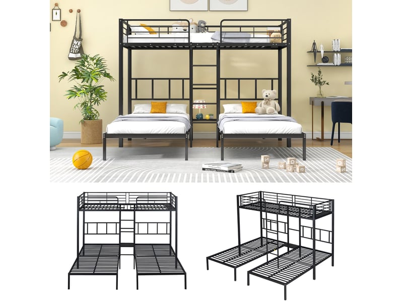  Lit superposé triple 3 x 90x200 cm avec échelle, tablette et garde-corps noir  - Conforama D