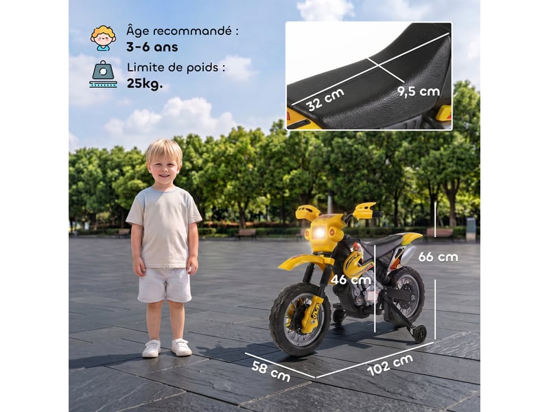  Moto électrique enfants, moto cross pour enfants avec batterie 6 v, phares, musiques et roues d'entraînement, 3 à 6 ans, charge 25kg, jaune et noir  - Conforama E