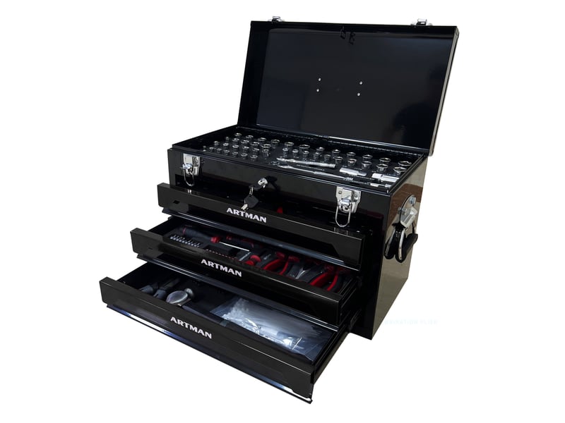  Coffre à outils en acier 50 x 27 x 35 cm noir, 3 tiroirs à glissières à billes et poignée de transport  - Conforama A