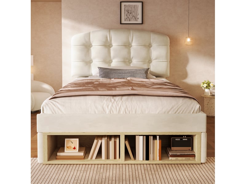  Modenvie lit simple capitonné 90x200 cm - tête de lit réglable, rangement intégré, sans matelas - beige  - Conforama E