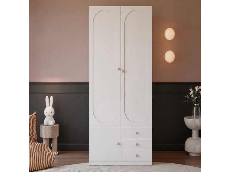 Armoire 2 portes avec 3 tiroirs, penderie et étagères, poignées en céramique, pour chambre, blanc, 80 × 50 × 200 cm - Conforama D