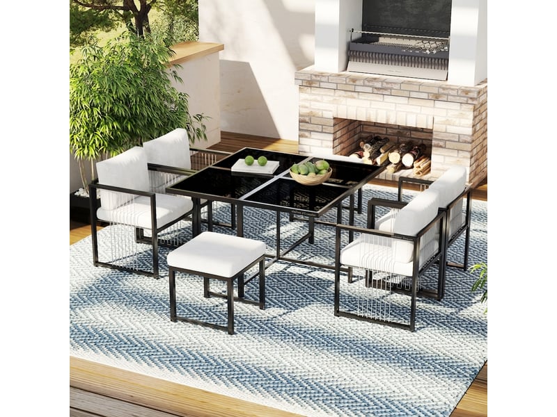  Ensemble de mobilier de jardin pour 6 personnes, 117 x 117 cm, ensemble de 7 pièces avec plateau en verre, 4 fauteuils, 2 tabourets  - Conforama E