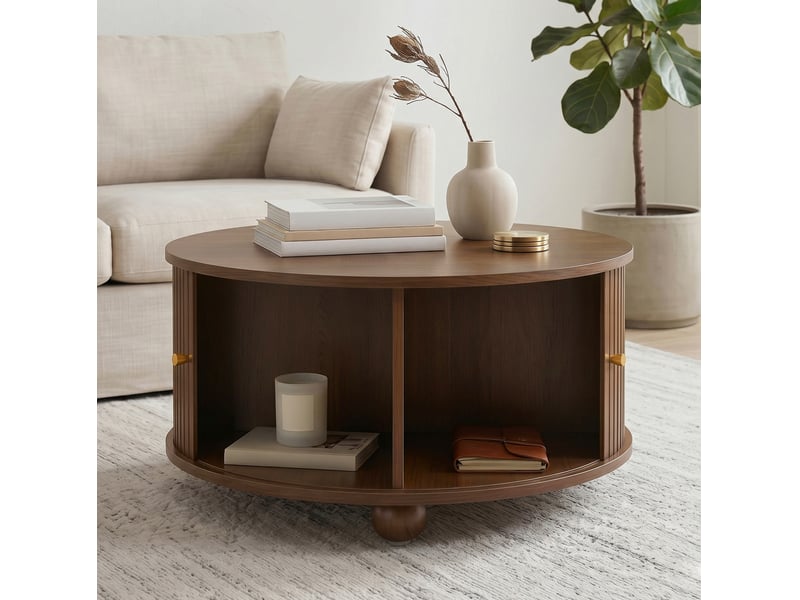  Table basse ronde 72 x 72 x 38 cm, 2 portes coulissantes, mdf, noyer  - Conforama E