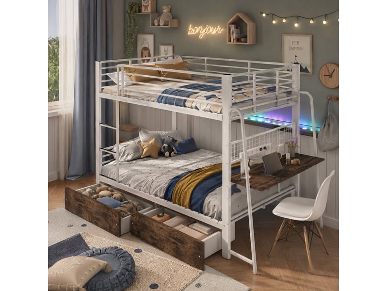  Lit superposé 140x200 cm avec bureau, 2 tiroirs et led rgb, métal et mdf, blanc et aspect noyer, vendu sans matelas  - Conforama E
