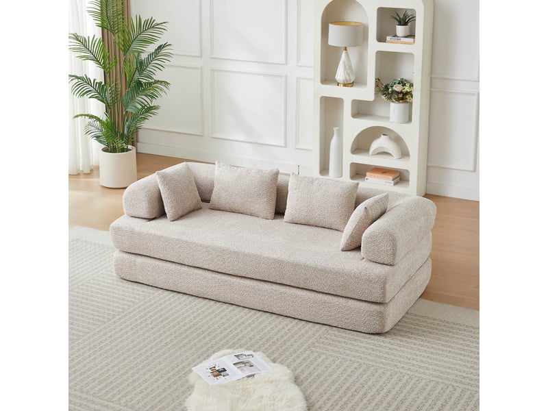  Canapé convertible modulable 2 places 4-en-1 200 x 95 x 68 cm, dossier réglable, sans montage, 4 coussins, tissu chenille kaki  - Conforama B