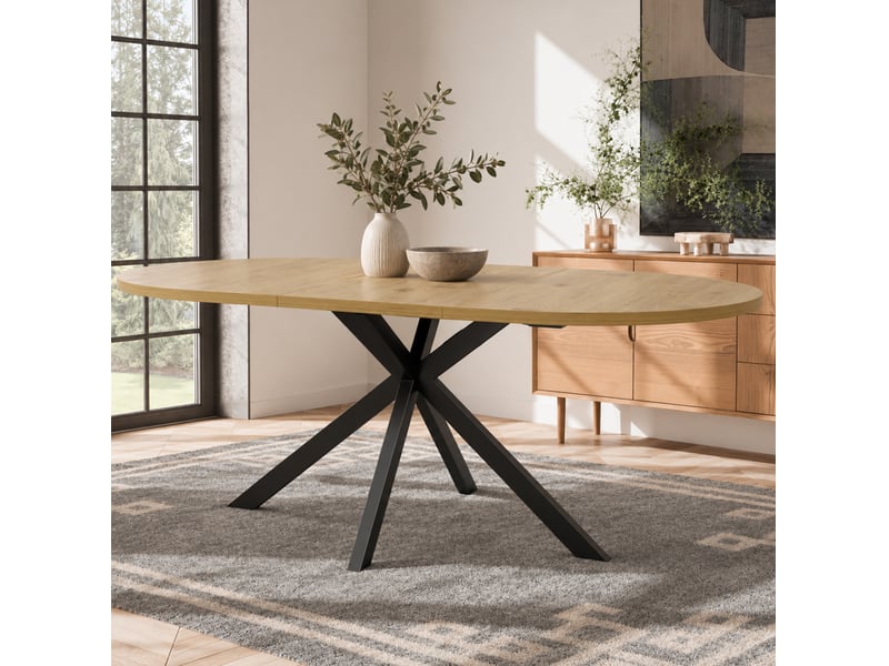  Table à manger extensible 120160x80 cm – bois clair – plateau ovale, rallonge intégrée et pieds métal noirs  - Conforama E