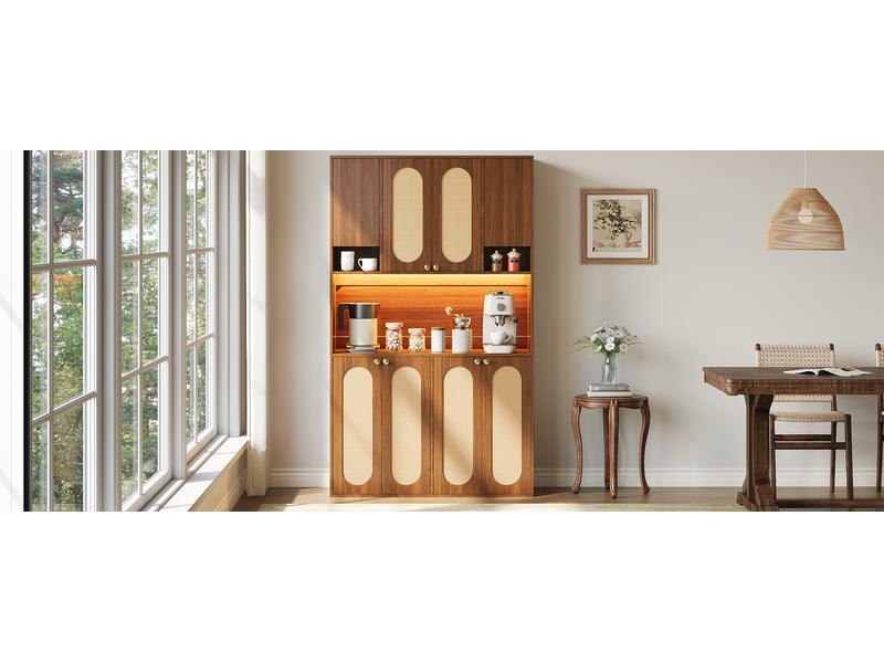 Buffet haut 8 portes avec bar centrale led réglable - lpospi - mdf et rotin pe naturel 106 × 40 × 178 cm - Conforama E