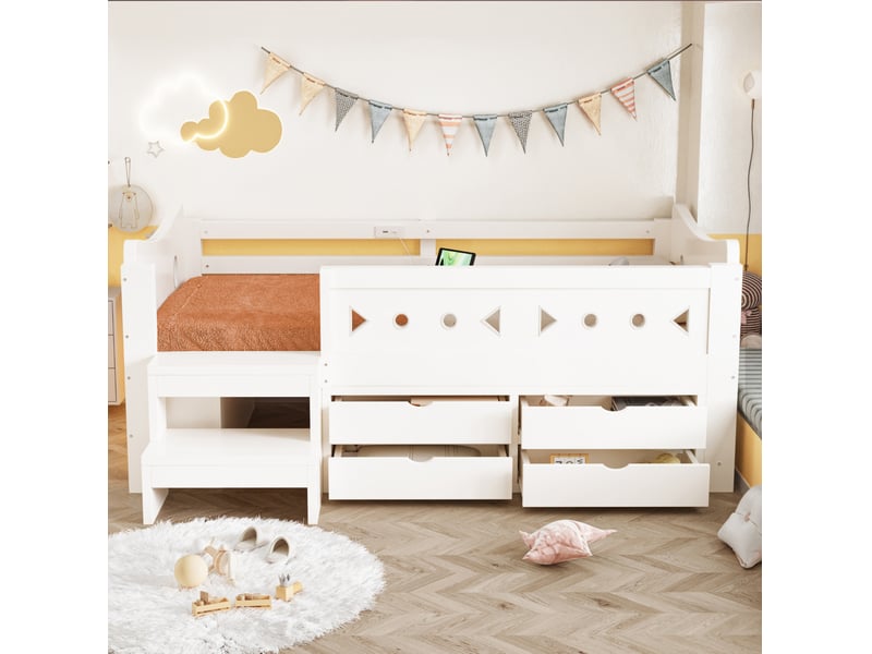  Lit enfant 90 x 200 cm avec rangements, led, ports usb et type-c, blanc  - Conforama E
