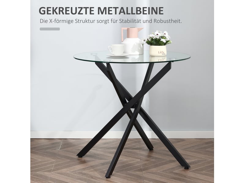Table de salle à manger ronde avec plateau en verre trempé et pieds réglables, en acier noir, 80 × 80 × 75 cm - Conforama C