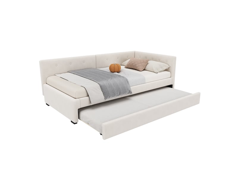  Lit banquette 90x200 avec lit gigogne, canapé lit simple en velours beige, cadre de lit avec sommier  - Conforama A