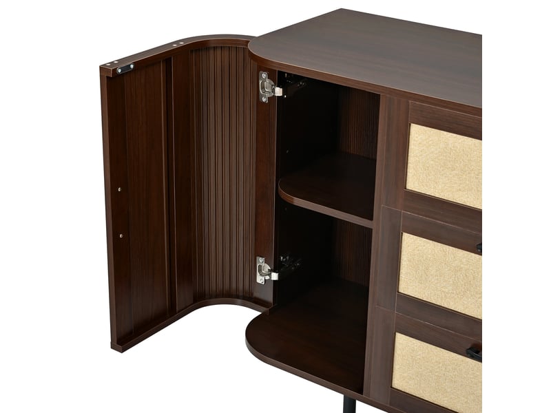  Commode 3 tiroirs et 2 portes battantes, 120 x40 x 82 cm, coins arrondis, avec façade tressée, étagères réglables en hauteur  - Conforama E