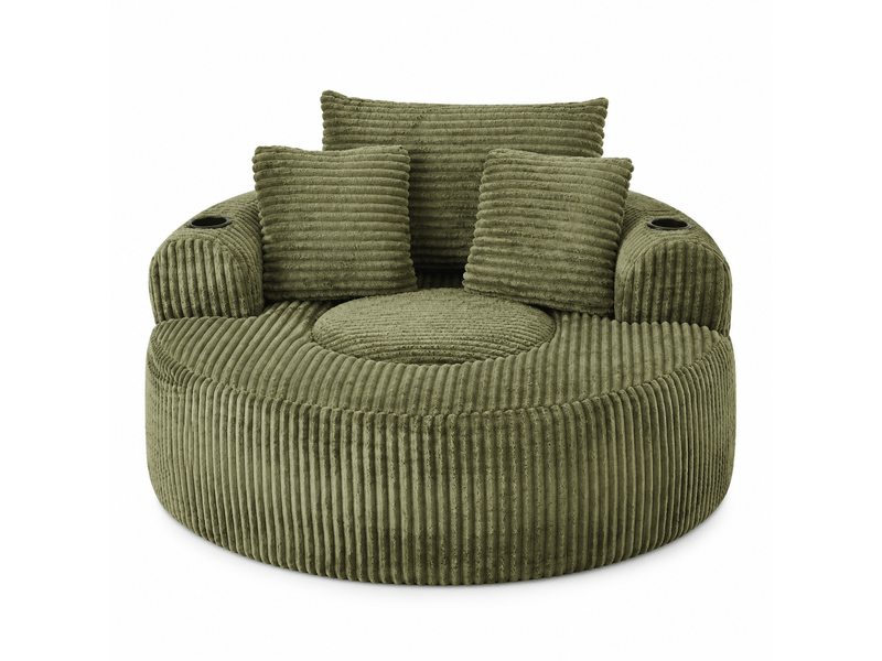  Fauteuil lounge rond 142 x 142 x 85 cm avec 3 coussins, 2 porte-gobelets et rangement latéral antidérapant, velours côtelé, vert OMNIGLINT TRADING LTD - Conforama A