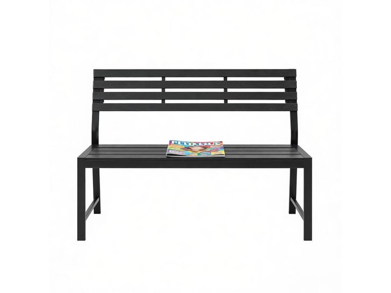  Banc de jardin 115x55x85 cm avec dossier, structure stable pour extérieur, métal et lames ps noires  - Conforama A