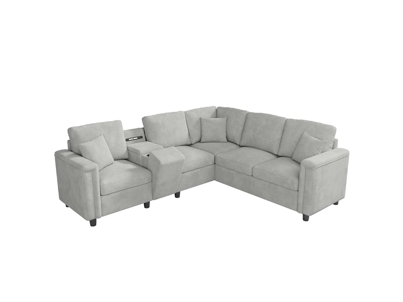 Canapé d'angle en l 5 places 235x208x83 cm en chenille gris clair - Conforama A
