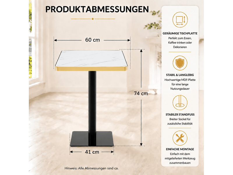  Table de salle à manger carrée pour 2 à 4 personnes avec pied central, effet marbre, mdf et métal blanc 60 × 60 × 74 cm  - Conforama C