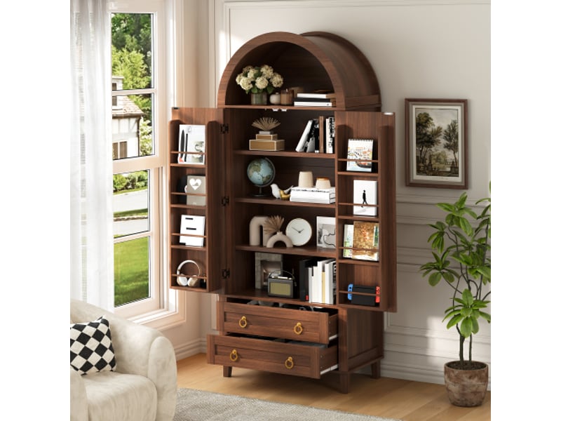  Armoire haute arquée 76x40x179,5 cm noyer, niche led via application, 2 portes effet rotin avec organiseurs, 2 tiroirs, mdf et panneaux  - Conforama B