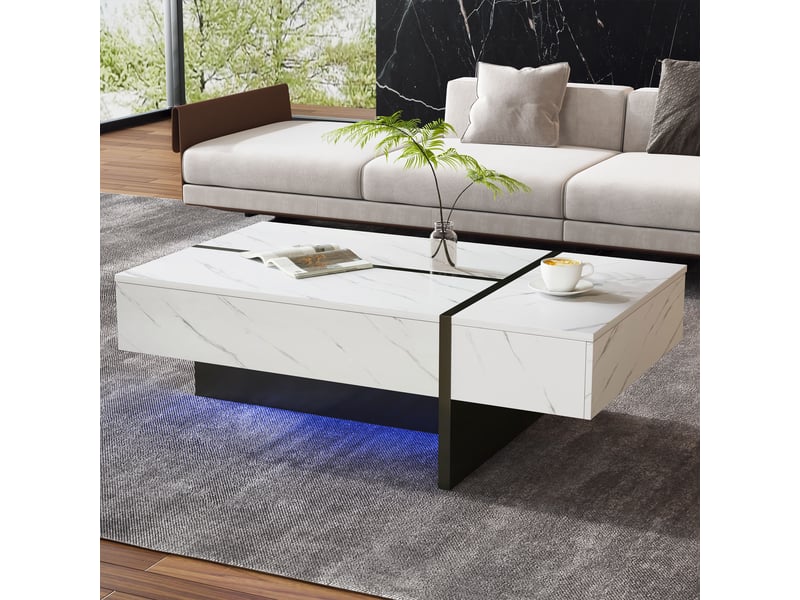  Table basse blanche finition brillante avec led et 3 tiroirs 105x60x35cm motif marbre  - Conforama D
