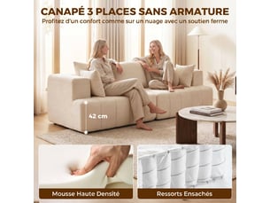 Canapé 3 places en chenille 248 cm, canapé salon moderne, large assise rembourrée, beige, coussins à ressorts