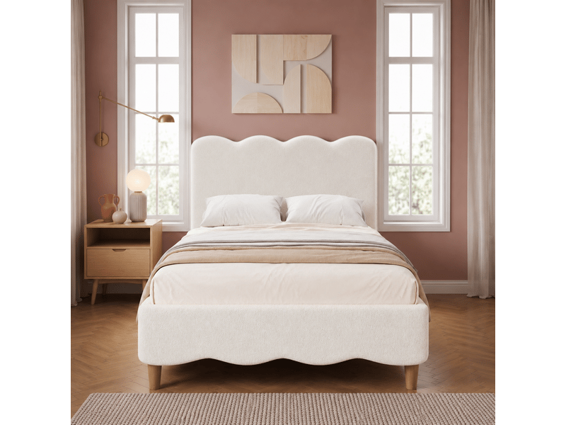  Lit simple enfant capitonné en tissu bouclette blanc 90x200 cm, pieds en bois massif  - Conforama B