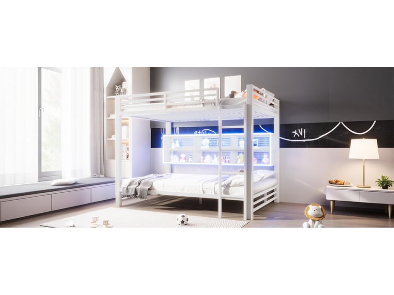  Lit superposé 140 x 200 cm, lit enfant à deux couchages, placard intégré, étagères ouvertes, éclairage led, barrières de sécurité, métal, blanc Morn Vibe - Conforama E