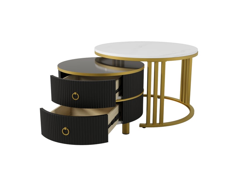  Table basse ronde 2 en 1 en mdf, table d'appoint avec plateau brillant et plateau en marbre blanc, combinaison table basse salon avec 2 tiroirs, 70 x 70 x 46 + 50 x 50 x 40 cm  - Conforama E