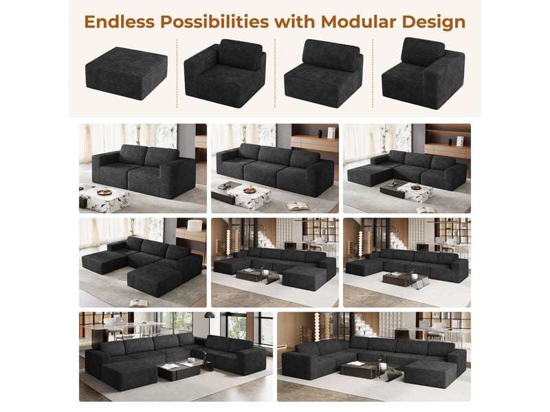 Canapé modulaire panoramique 7 places ouvert à droite,velours côtelé,1 pouf,canapé compressé pour grand salon,404x303x82cm,noir 404x303x82CM - Conforama R