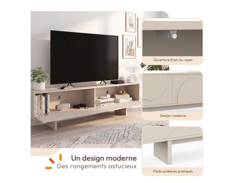  Meuble tv 180 cm arvin 2 portes à reliefs arrondis bois coloris beige  - Conforama C